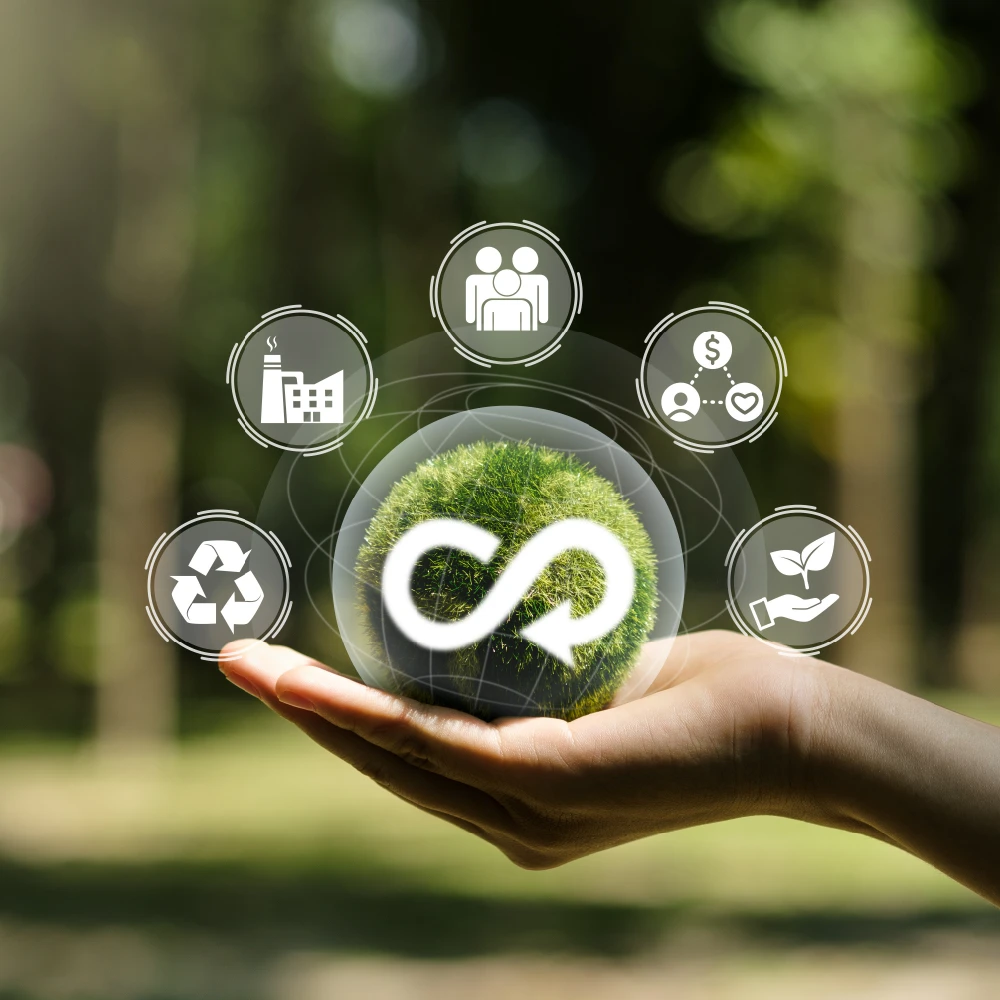 Hand holding a global with sustainability icons.