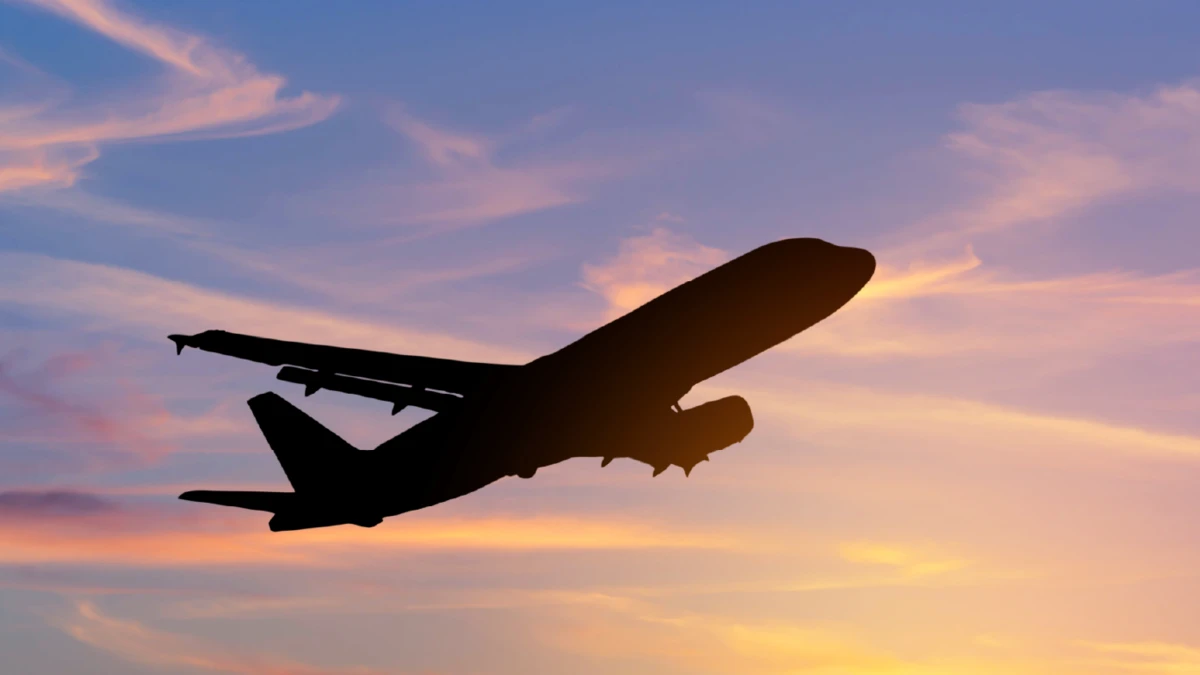 Flying aeroplane silhouetted against a sunset.